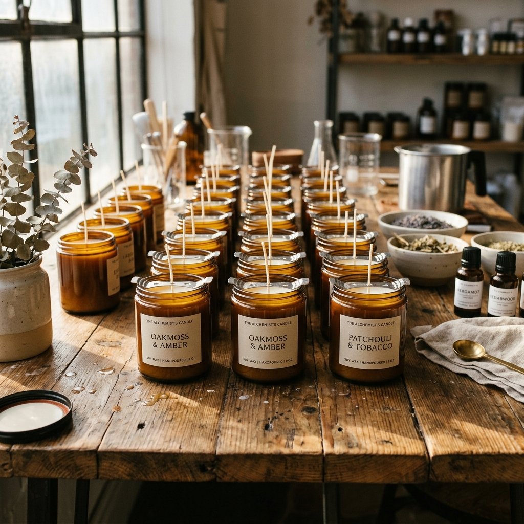 Amber glass jars curing on a wooden table